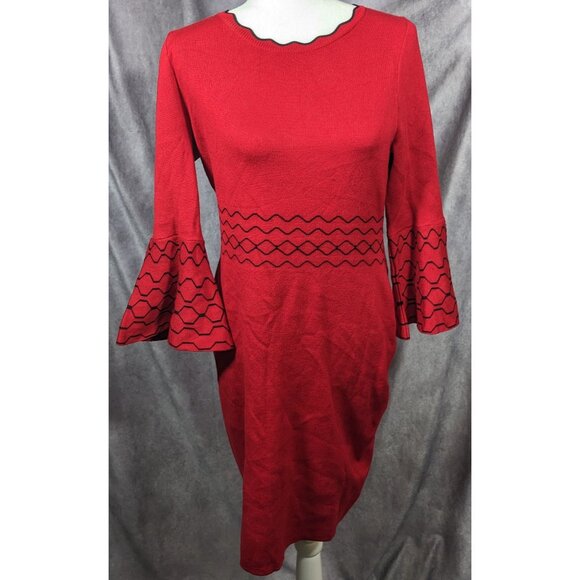 Nina Leonard Black And Red Jacquard Bell Sleeve Sweater Dress - Picture 5 of 7